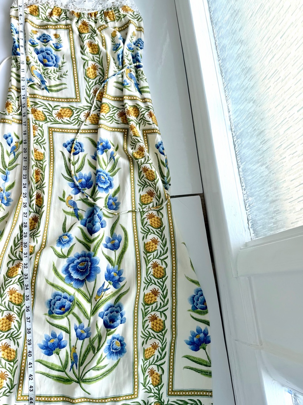 FARM Rio Pineapple Floral Maxi Dress Blue White Lace Trim Belted NWT - Picture 9 of 11